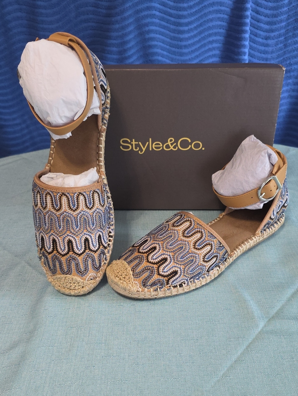 Style & Co. Blue and Tan Embroidered Espadrille Ankle-Strap Flats